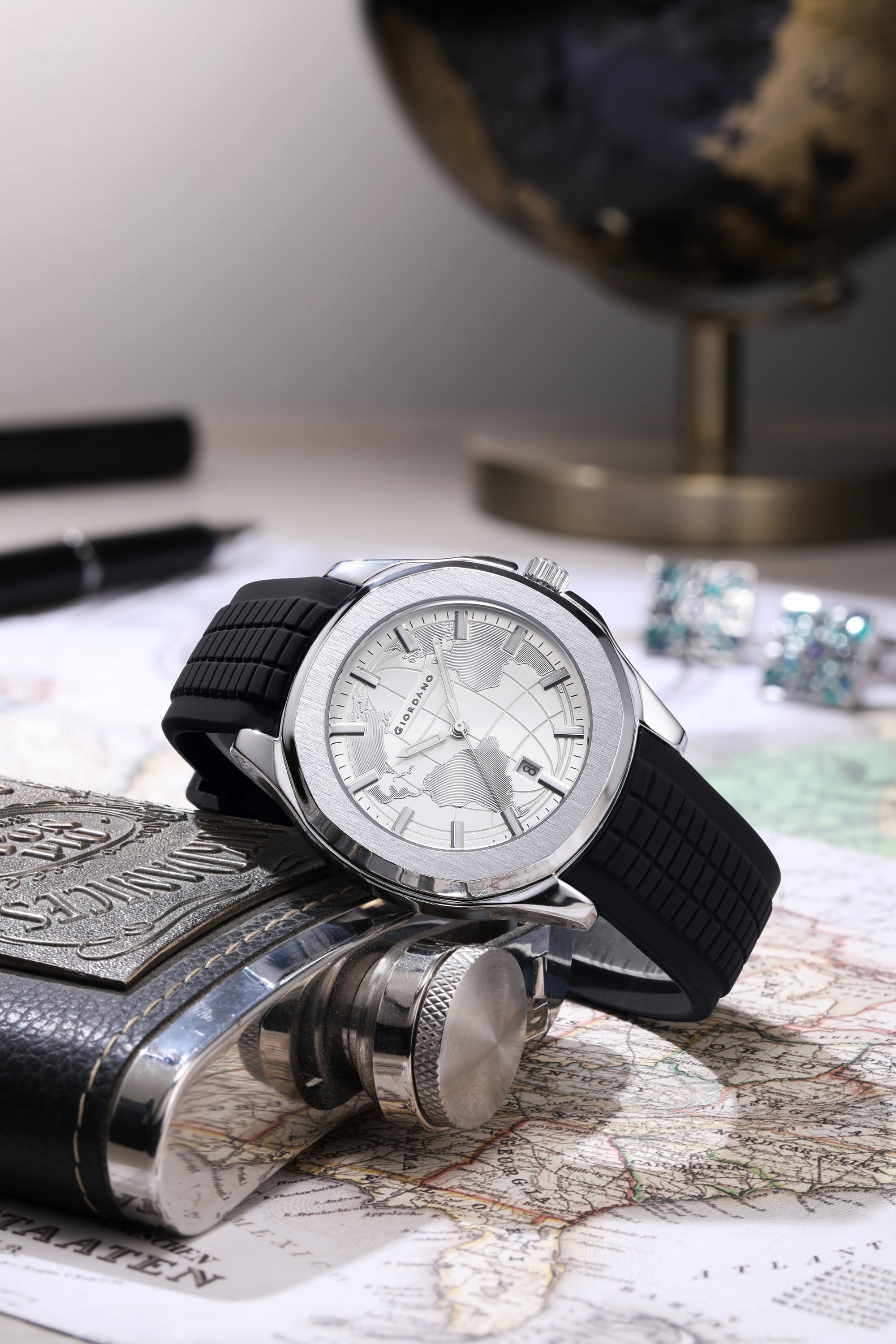 Giordano Stylish World Map design Watch for men with round dial and textured Silicone strap  | GZ-50147-02